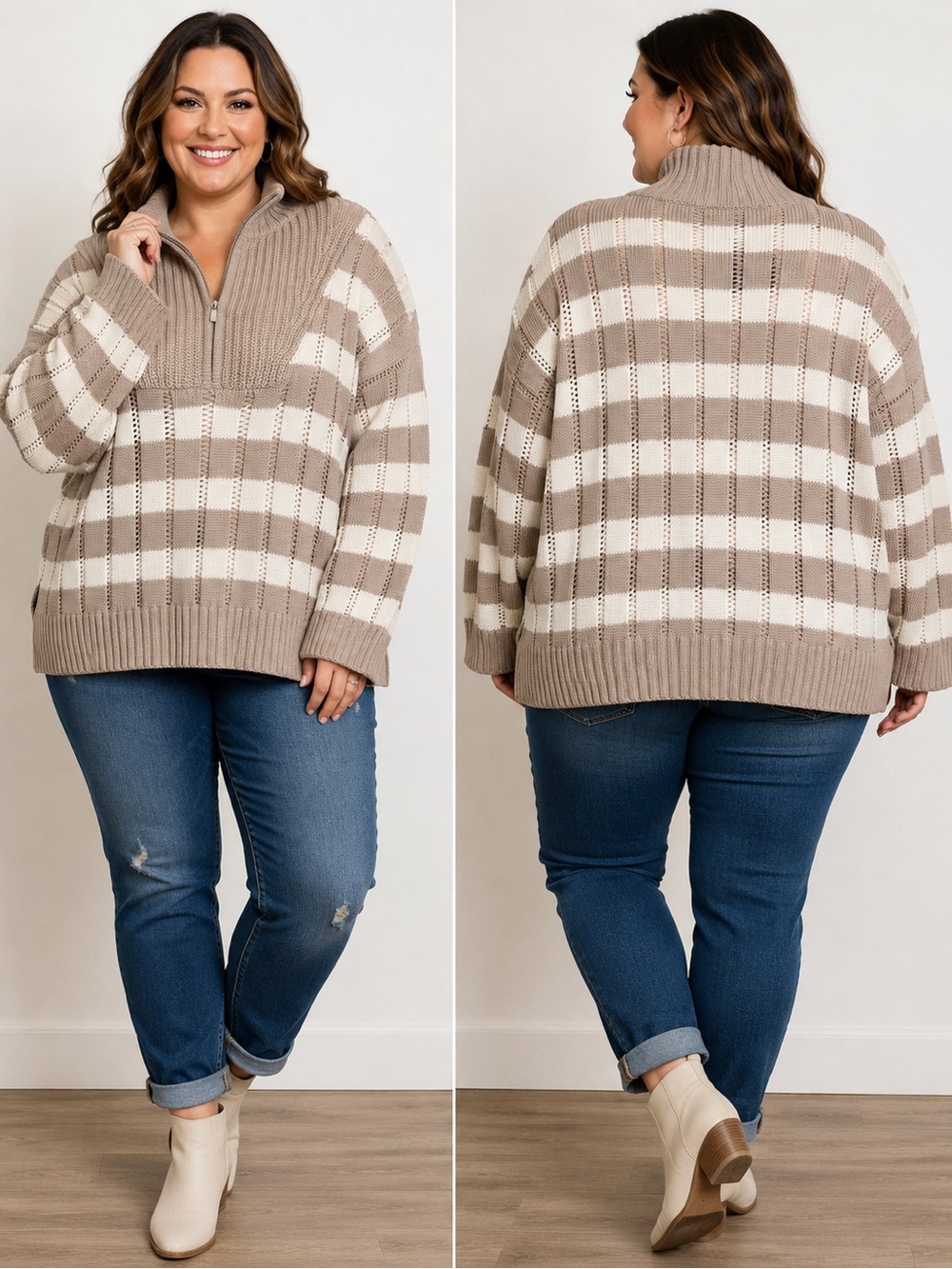 New Day Women’s 2X Taupe Cream Plaid Quarter Zip Oversized Knit Sweater NWT Cozy